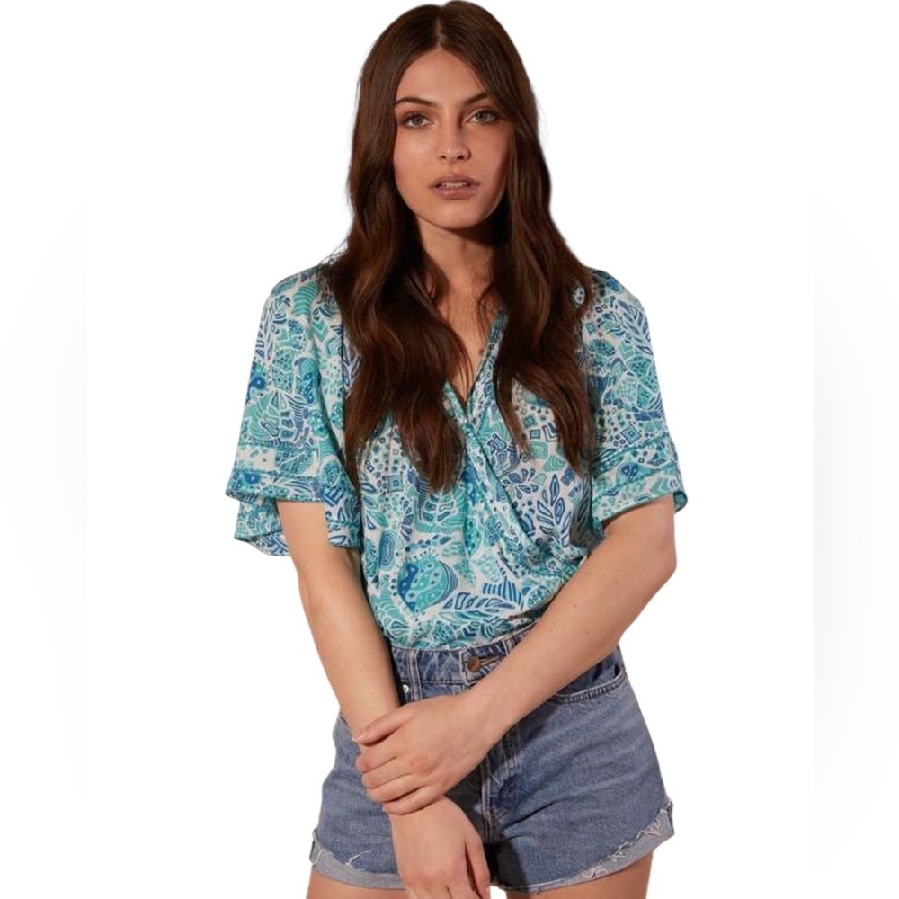 Poupette‎ St Barth Paisley Wrap Blouse Top Blue Boho Resort NWT Small Viscose